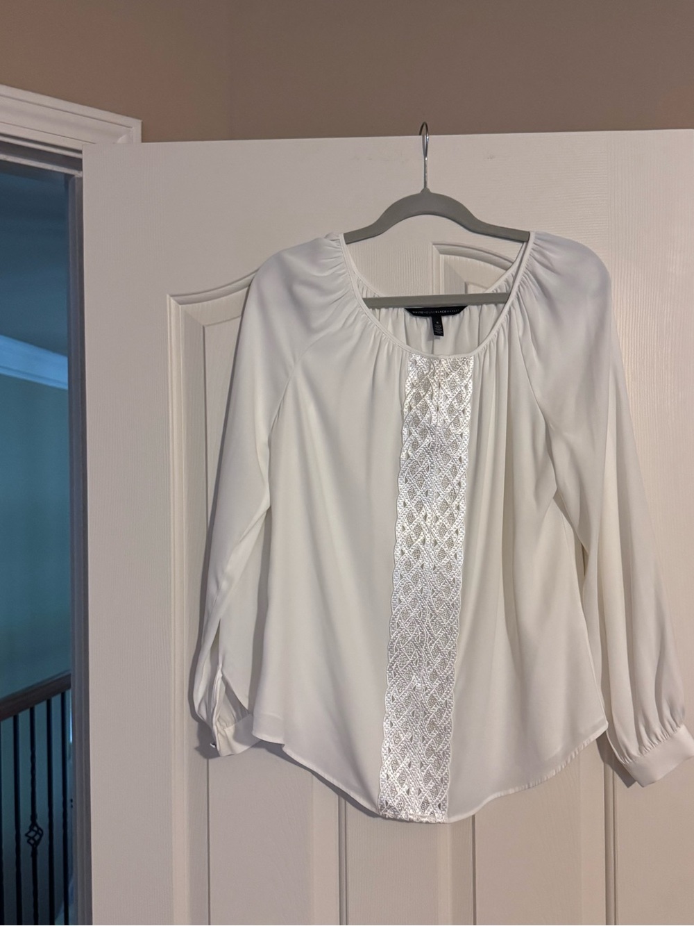 White Women’s Long-Sleeve Blouse with Lace Panel